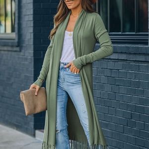 Green Fringe Knit Duster Cardigan